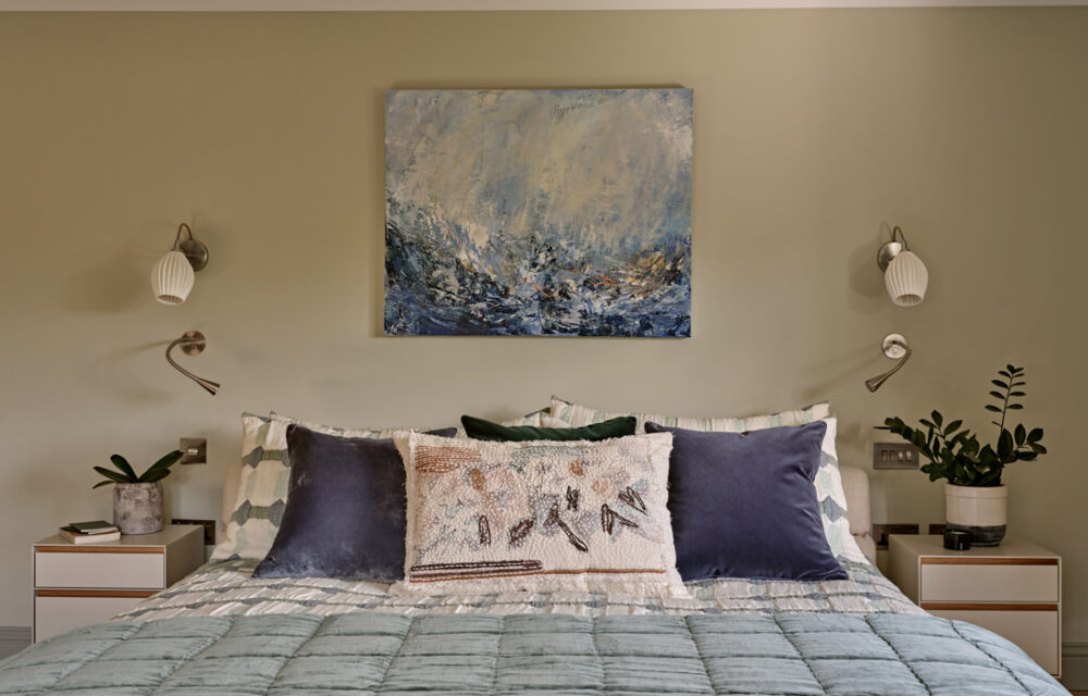 Modern Surrey country house , master bedroom with soft green blue color scheme